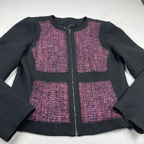Trina Turk Womens Work Evening Blazer Purple Black Zip Up Classic Jacket Size 6 - Picture 2 of 12